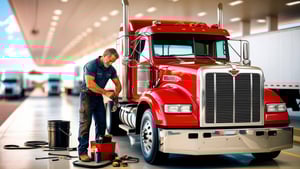a truck driver doing maintenance on his red truck with tools laying around