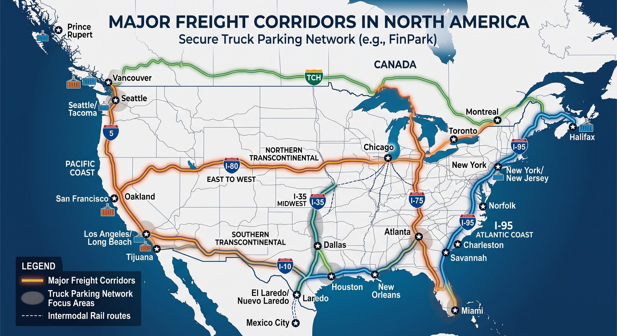 a map of north america showing the major freight corridors