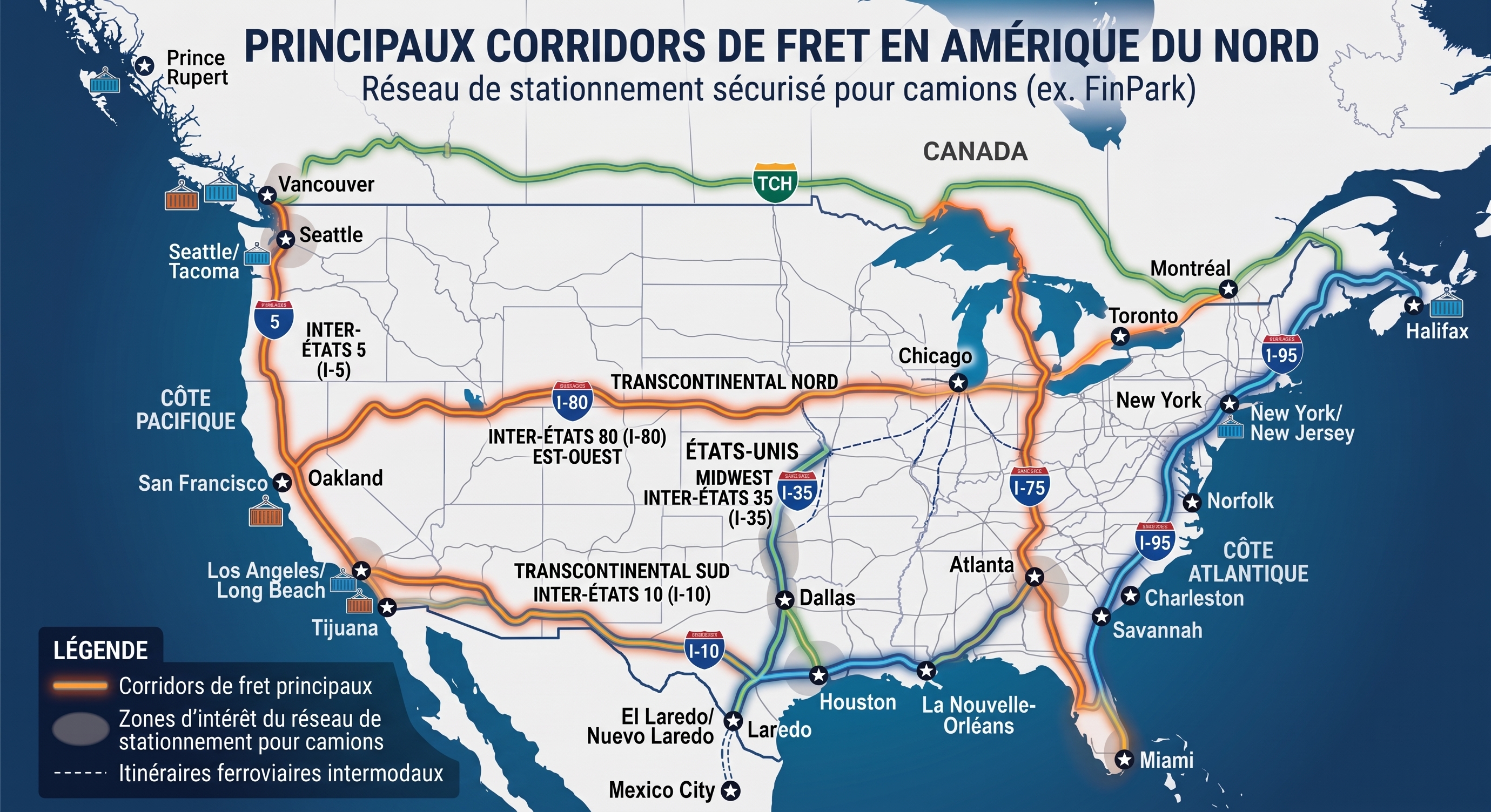 une carte de l’Amérique du Nord montrant les principaux couloirs de fret