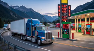 un camion bleu arrivant à une station service avec le prix du diesel en croissance