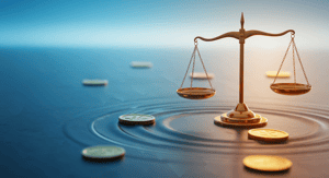 A rippling scale on water with golden coins on a blue and orange background