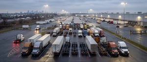 Un lot pavé par temps de pluie avec une flotte complète de camions et de remorques