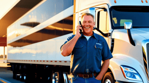 a truck driver speaking on the phone outside of his white truck
