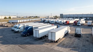 A full truck and trailer fleet in a paved lot at sunset