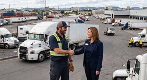 un chauffeur de camion serrant la main d’une responsable des opérations dans une cour de camions devant un camion blanc en mouvement