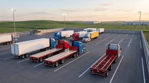 une flotte de camions dans un stationnement sécurisé pour camions, en campagne