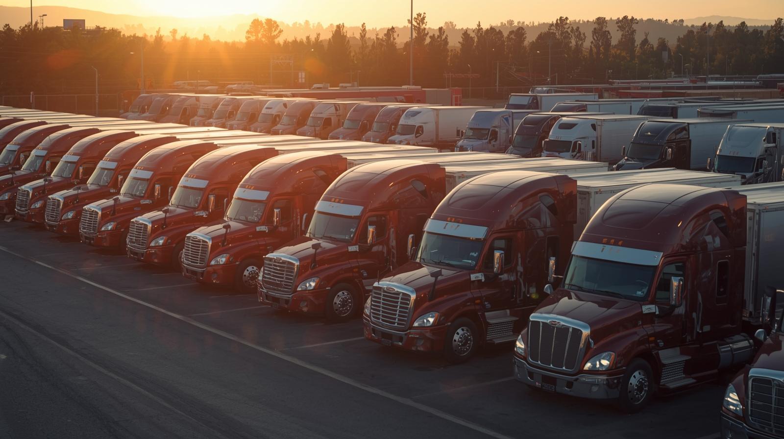 A blog banner image on the following subject_ The Strategic Advantage of Long-Term Truck Parking and showing a secure truck parking filled with 20 North-American style trucks at dawn. (1)