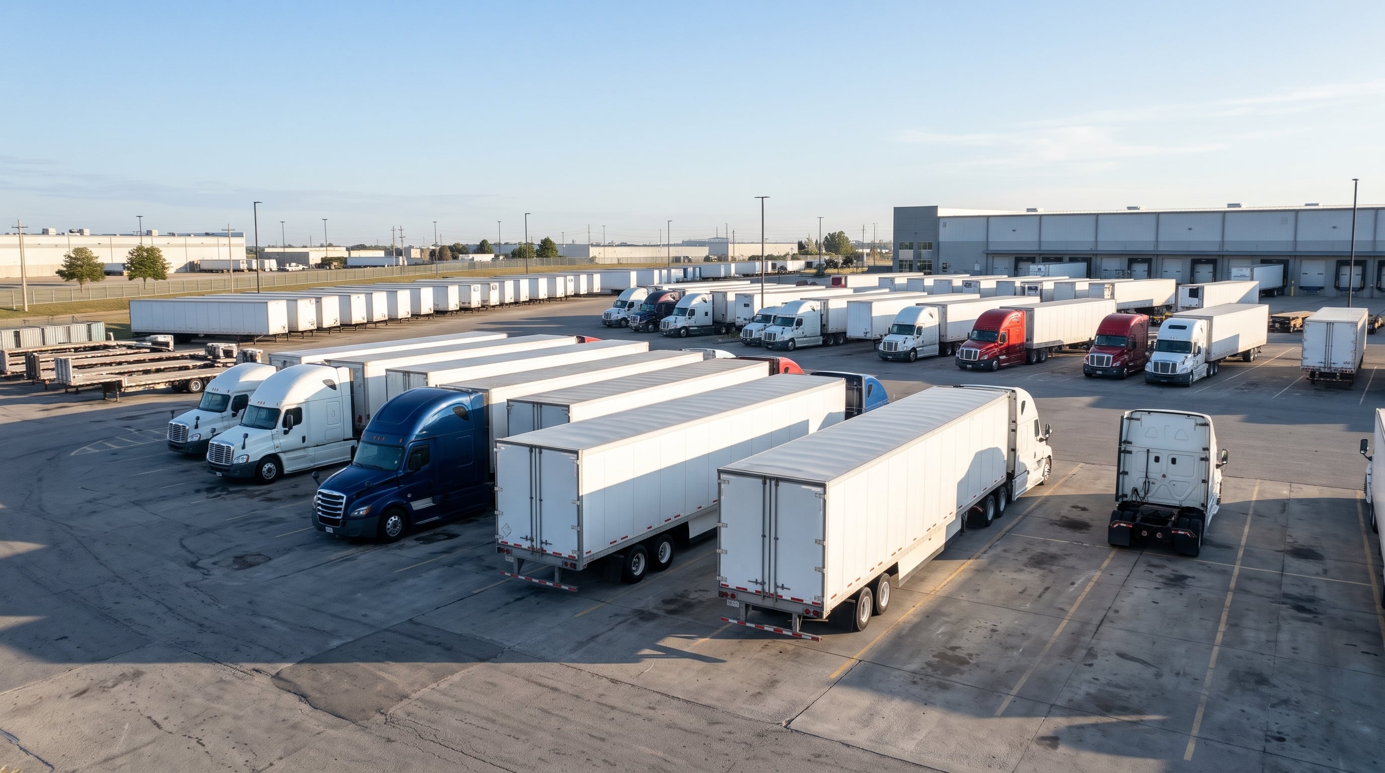 A full truck and trailer fleet in a paved lot at sunset