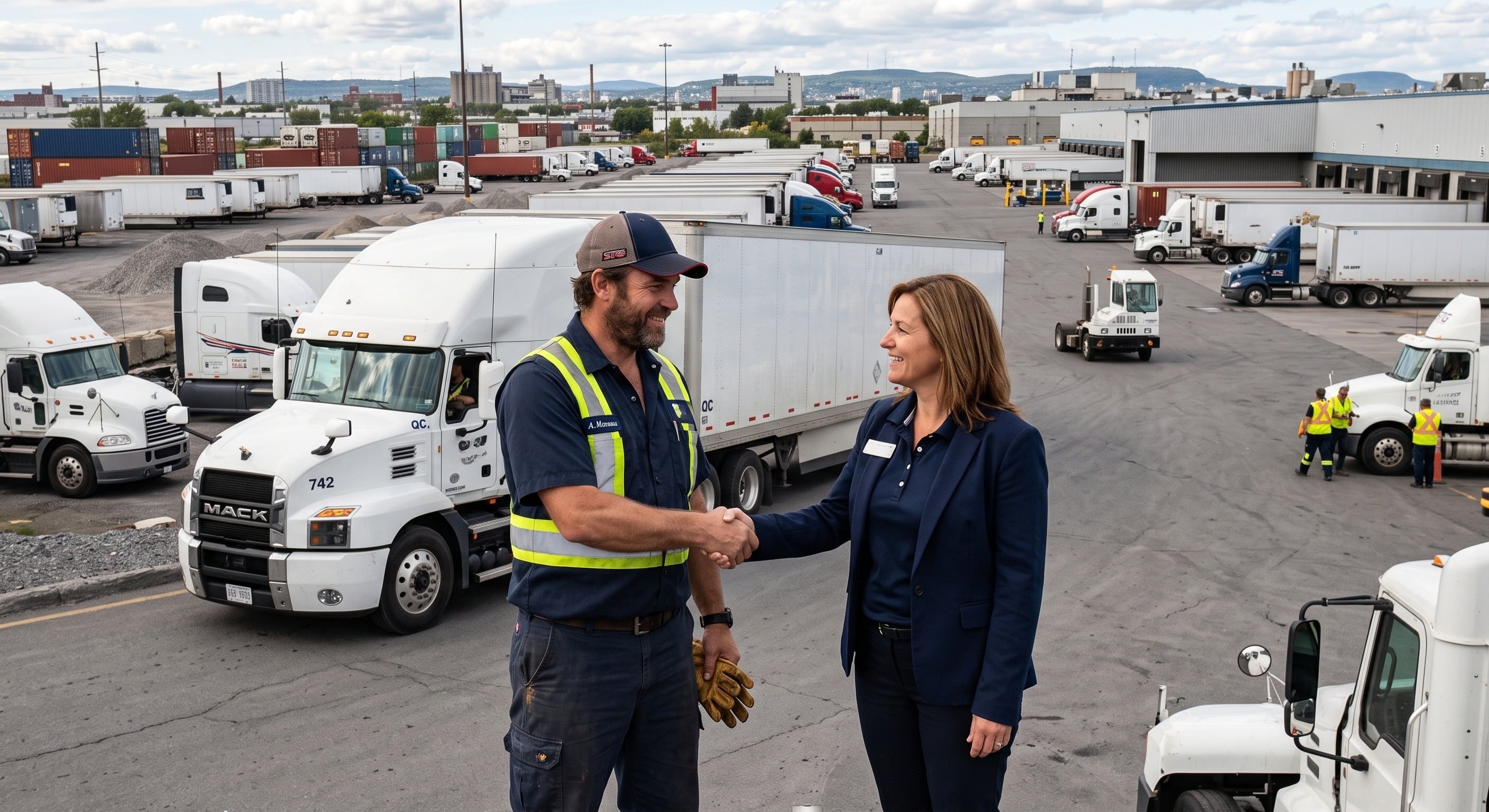 a truck driver shaking the hand of a operations manager in a full truck yard in front of a moving white truck